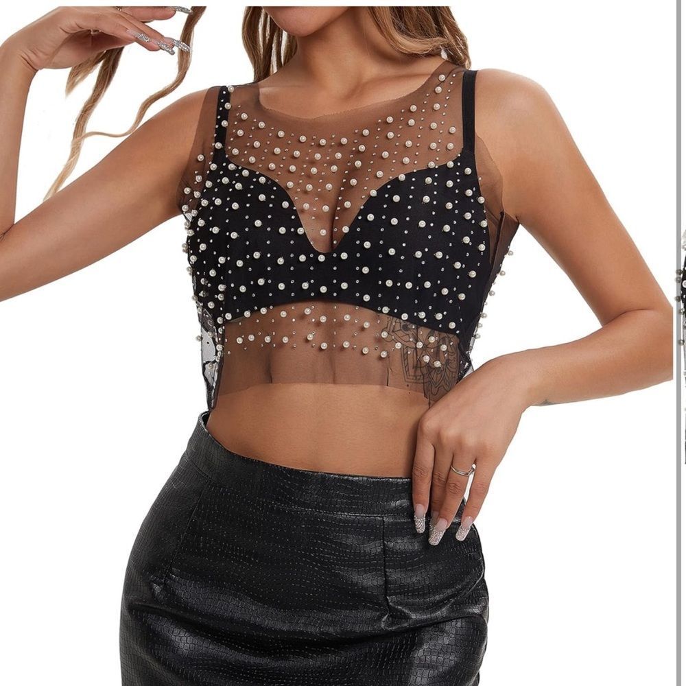 NWT Pearl Top for Women Rhinestone Top Mesh Sheer Shirt Sequin Top Black - Picture 2 of 5